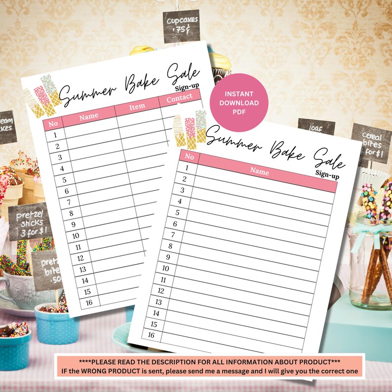 Summer Bake Sale Sign up Sheet | Bake Sale Sheet | Printable Bake Sale ...