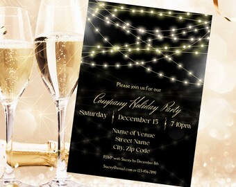 May include: Black and gold invitation with a string of lights design. The text reads "Please join us for our Company Holiday Party, Saturday, December 15, 7-10pm, Name of Venue, Street Name, City, Zip Code, RSVP with Stacey by December 8th, Stacey@email.com or 123-456-7890".