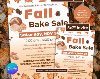 Fall Autumn Bake Sale Invitation Flyer Template | Church Bake Sale | Autumn Party Invitation | Fundraiser| 8.5x11 & 5x7 | School Bake Sale