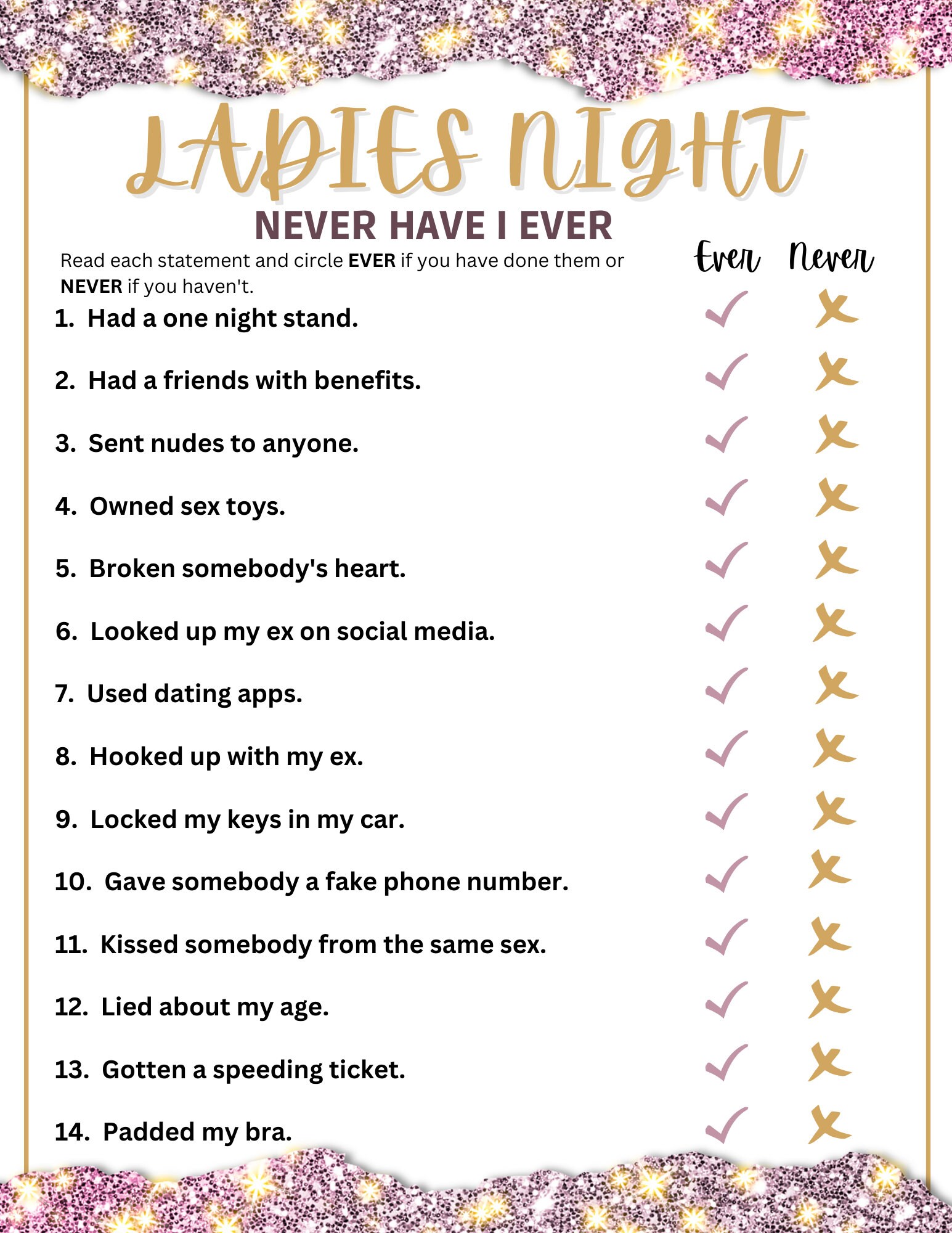 Never Have I Ever Ladies Night Out Games Girls Night Out Etsy