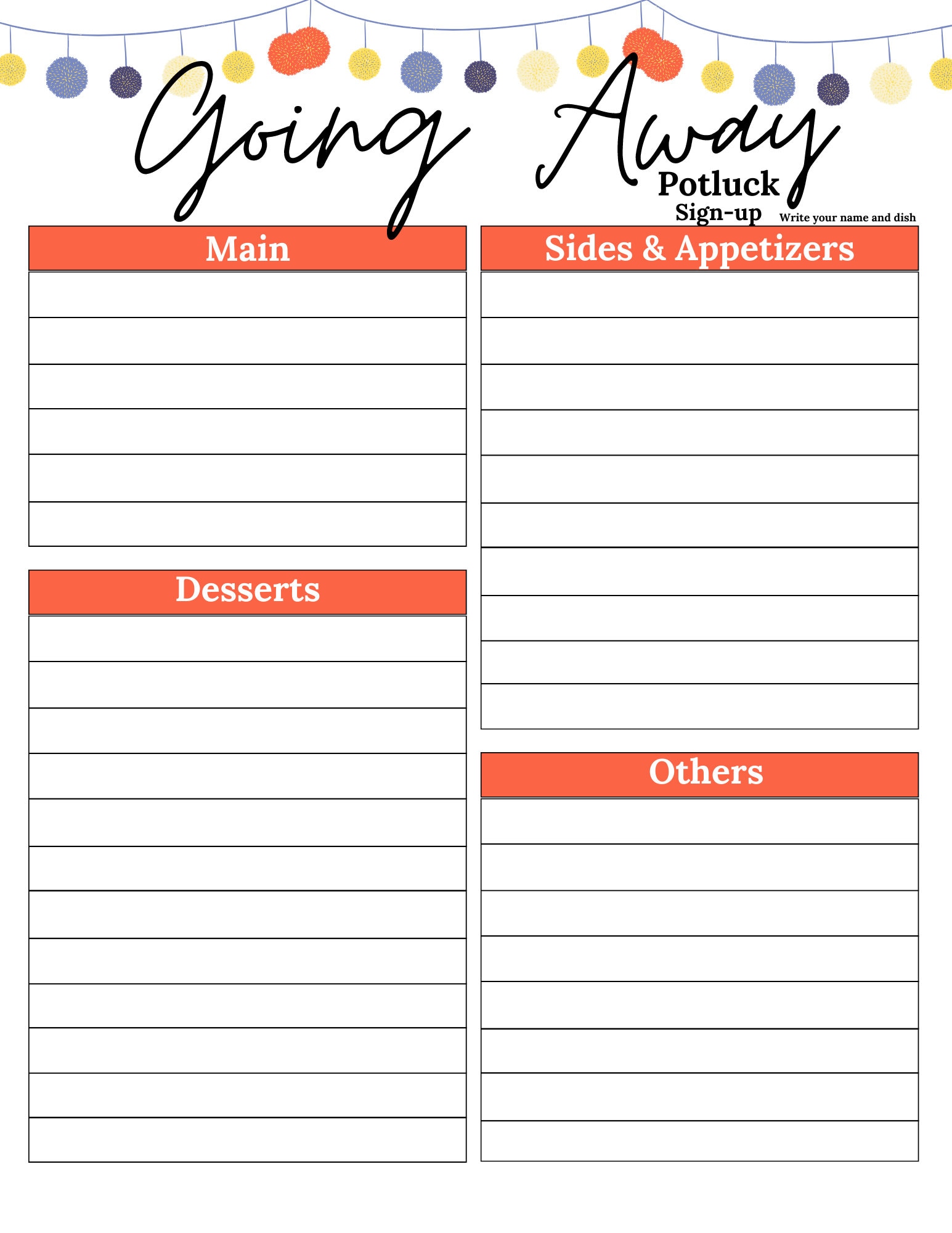Potluck Sign up Sheet Going Away Potluck Sign up Sheet Going Away ...