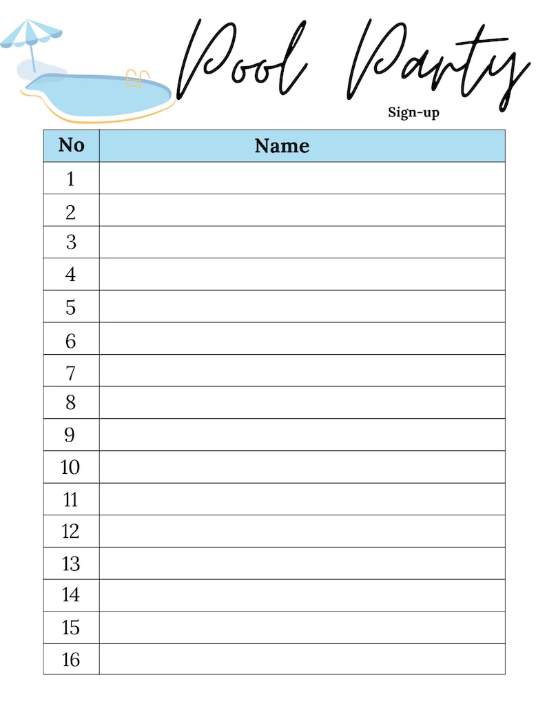 Pool Party Sign up Sheet Summer Party Sheet Printable Pool Party up