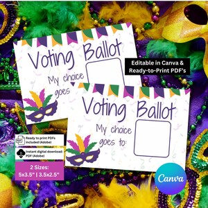 Könnte beinhalten: Zwei weiße Wahlzettel mit lila, grünen und goldenen Akzenten. Die Karten tragen die Aufschrift "Voting Ballot" und "My choice goes to:" mit Platz für eine Auswahl. Die Karten sind mit einer lila Maske und bunten Federn verziert. Die Karten sind 12,7x8,9 cm und 8,9x6,4 cm groß.