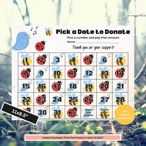 Può includere: Un calendario stampabile di 11x8,5 pollici con un tema di api e coccinelle.  Scegli una data per donare. Scegli un numero e paga quell'importo.  Grazie per il tuo supporto!  Download istantaneo PDF.