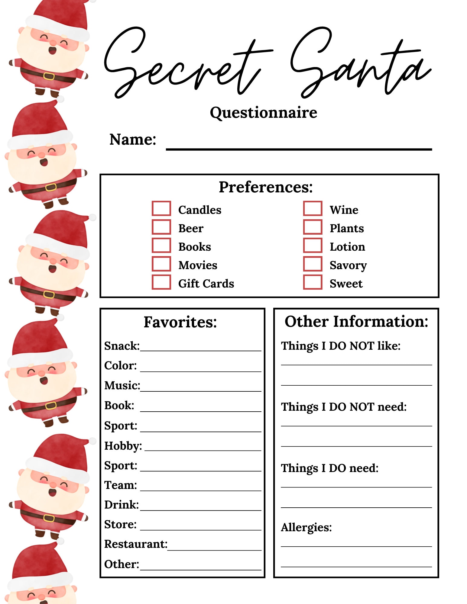 Secret Santa Sign up Sheet Secret Santa Questionnaire Secret Santa Gift Secret Santa Sign up Sheet Secret Santa Questionnaire Secret Santa Gift
