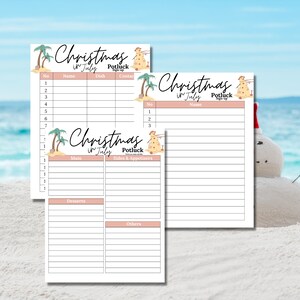 May include: Printable Christmas in July potluck sign-up sheet with a snowman and palm tree illustrations. The sheet includes sections for name, dish, contact, main, sides and appetizers, desserts, and others.