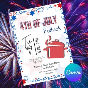 May include: A 4th of July potluck invitation with red, white and blue stars and swirls. The invitation says "4th of July Potluck" and "Tue July 4 12 PM - 2 PM". It also says "Bring a dish to share with others!" and includes the text "Name of Place, Street Name City, Zip Code RSVP with Stephanie by April 1st 123-456-7890".