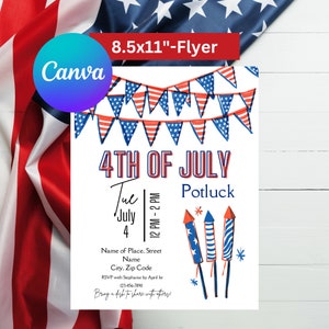 May include: A 4th of July potluck invitation with a red, white, and blue color scheme. The invitation features a string of American flags, fireworks, and the text "4th of July Potluck" with the date and time.