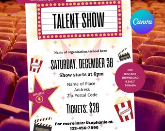 May include: A printable flyer for a talent show. The flyer is pink and white with a red and yellow marquee that says "Talent Show". The flyer includes the date, time, location, and ticket price. The flyer also includes a popcorn bucket, a movie clapper, and a star.