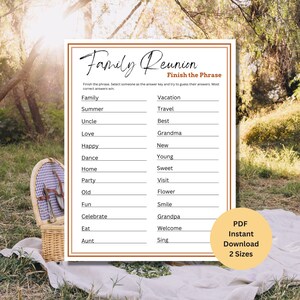 Family Reunion Finish the Phrase | Family Reunion Games | Games for Family Reunion |Family Reunion Activities |Printable Family Reunion Game