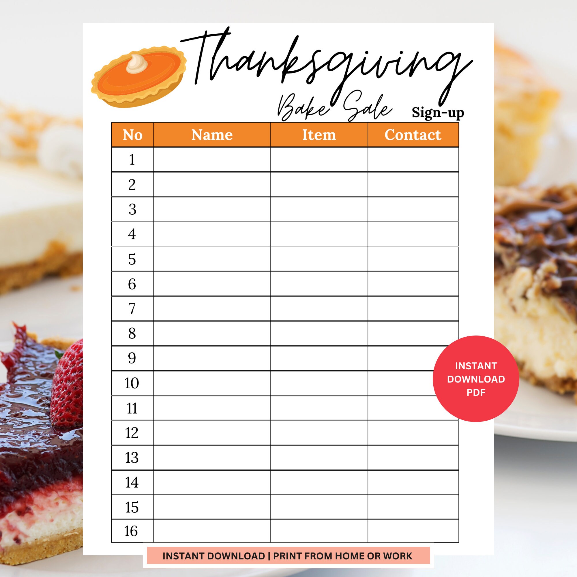 Thanksgiving Bake Sale Sign up Sheet | Bake Sale Sheet | Printable Bake ...
