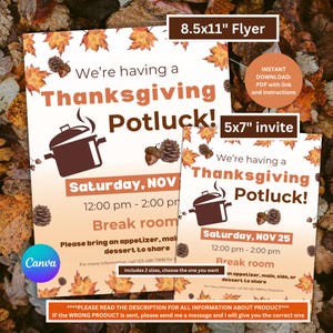 Puede incluir: Juego de folletos e invitaciones para un potluck de Acción de Gracias. El diseño presenta hojas de otoño, bellotas y un gráfico de olla. El folleto mide 21,6 x 27,9 cm, y la invitación mide 12,7 x 17,8 cm. Incluye el texto "Thanksgiving Potluck!" y detalles del evento.