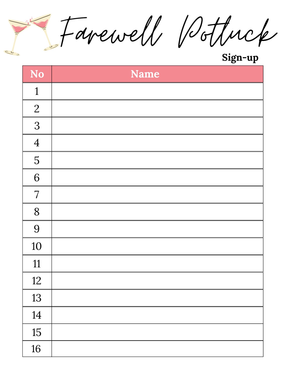 Farewell Potluck Sign up Sheet Farewell Sign up Sheet farewell Potluck