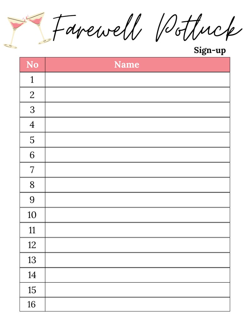 Farewell Potluck Sign up Sheet| Farewell Sign up Sheet |farewell