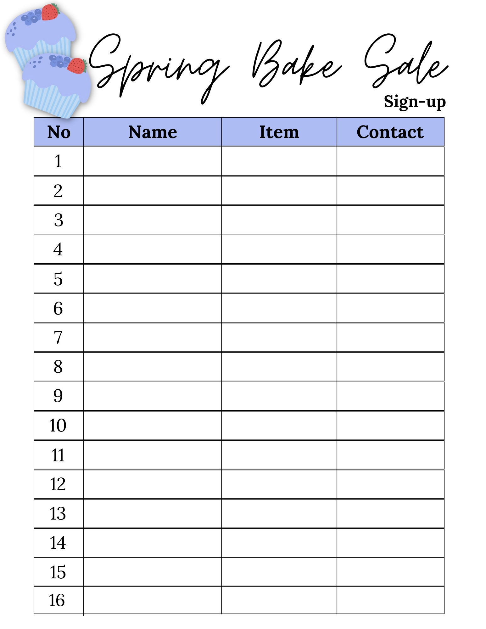 Spring Bake Sale Sign up Sheet Bake Sale Sheet Printable Bake Sale Sign ...
