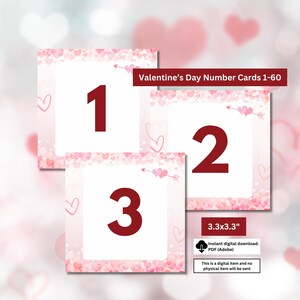 May include: Valentine's Day number cards 1-60. The cards are square with a white background and a pink heart border. The numbers 1, 2, and 3 are displayed in a bold, dark red font. The cards measure 8.38 x 8.38 cm.