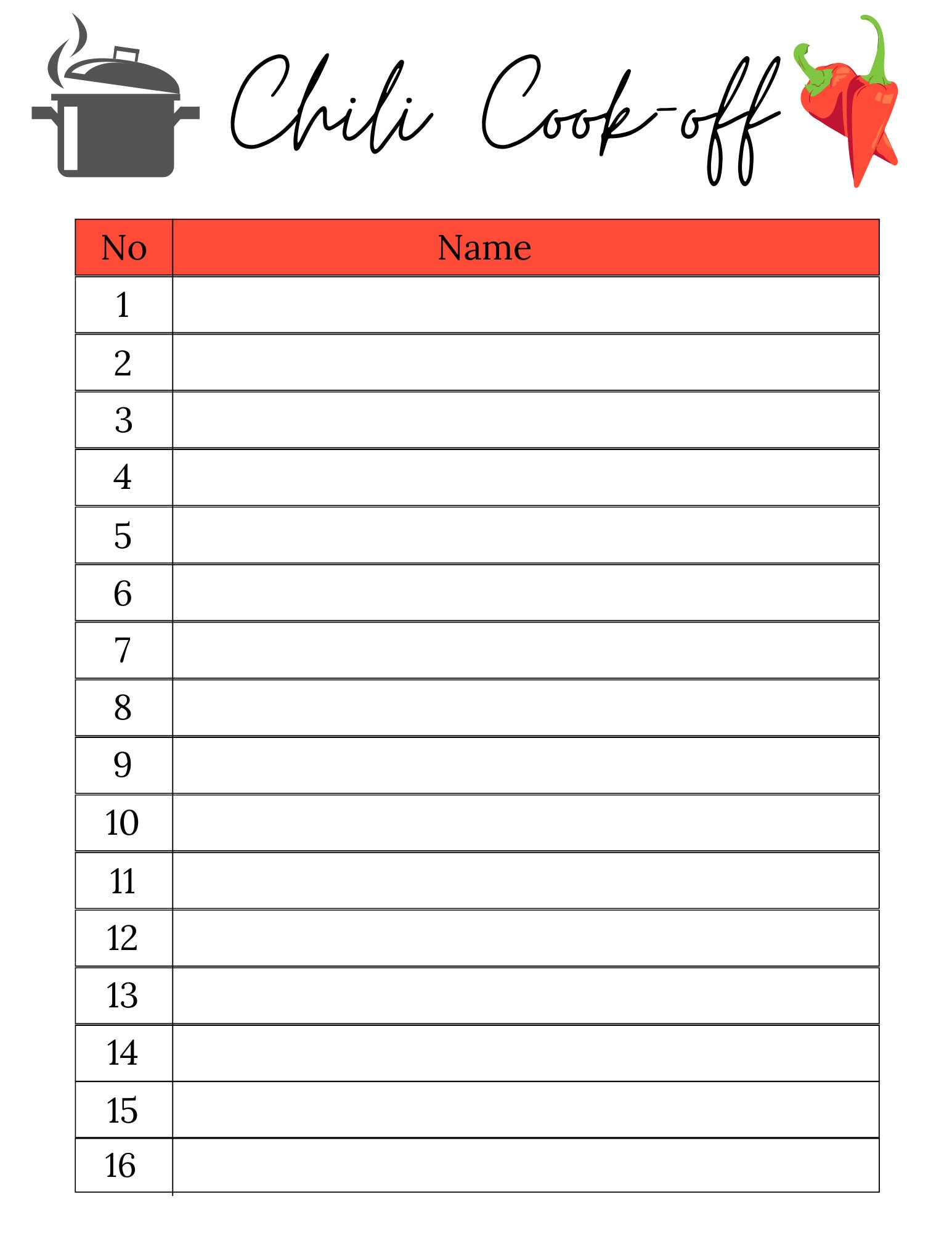 Chili Cook-off Sign up Sheet Chili Cook off Sheet Chili - Etsy