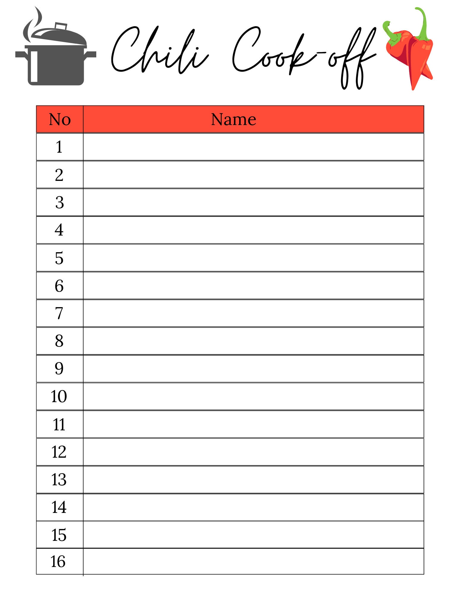 Chili Cook off Sign Up Sheet Chili Cook Off Sheet Chili Cookoff Potluck Sign Up Sheet Printable Chili Cook off Sign Up Sheet Chili Cook Off Sheet Chili Cookoff Potluck Sign Up Sheet Printable