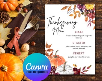 Thanksgiving Menu | Editable Thanksgiving Menu Template | Friendsgiving Dinner Party| Fall Menu Dinner Template |Printable Thanksgiving Menu