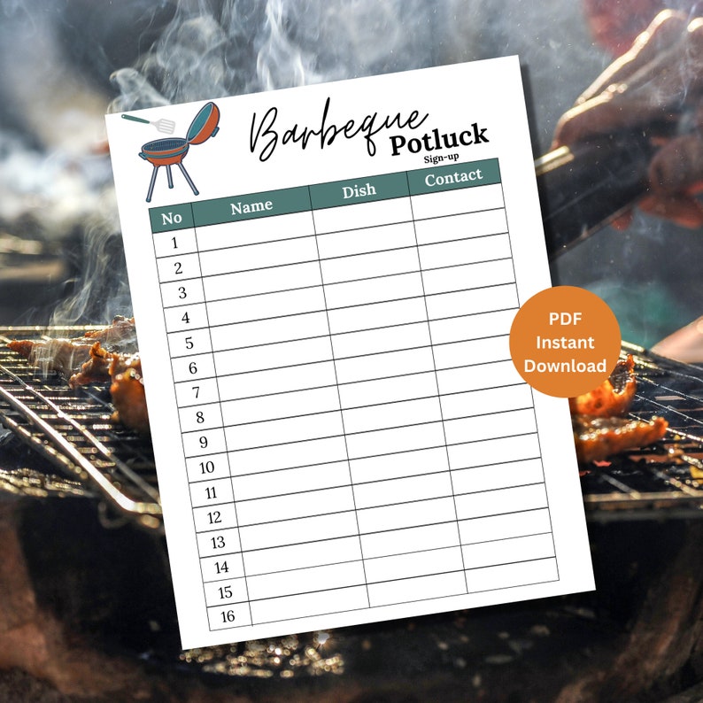 Potluck Sign up Sheet BBQ Potluck Sign up Sheet Barbeque Etsy