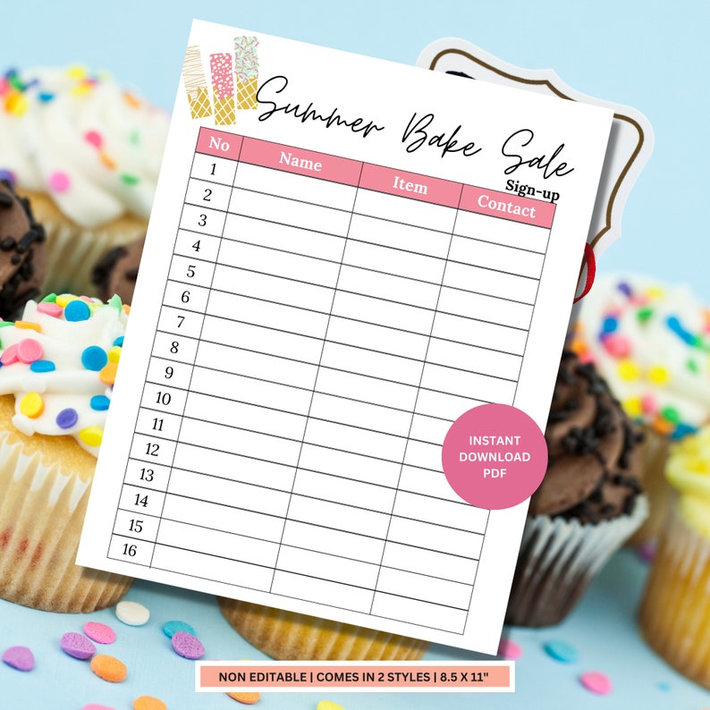 Summer Bake Sale Sign up Sheet Bake Sale Sheet Printable Bake Sale Sign