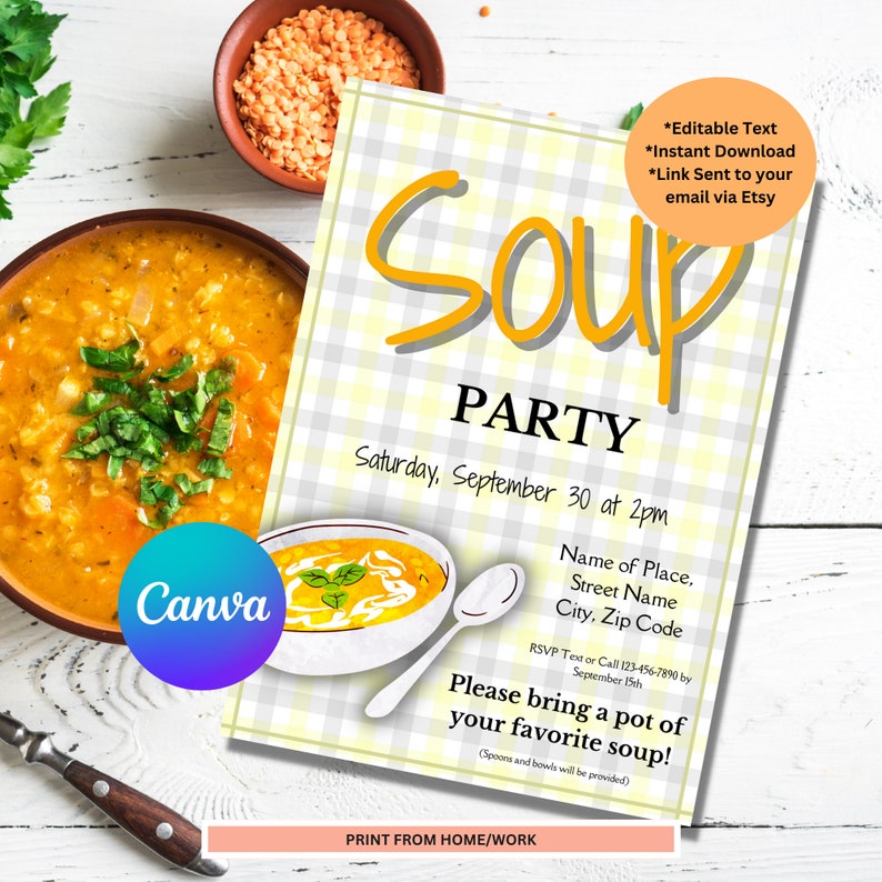 Soup Party Invite Template | Editable Soup Party | Soup Party Invite ...