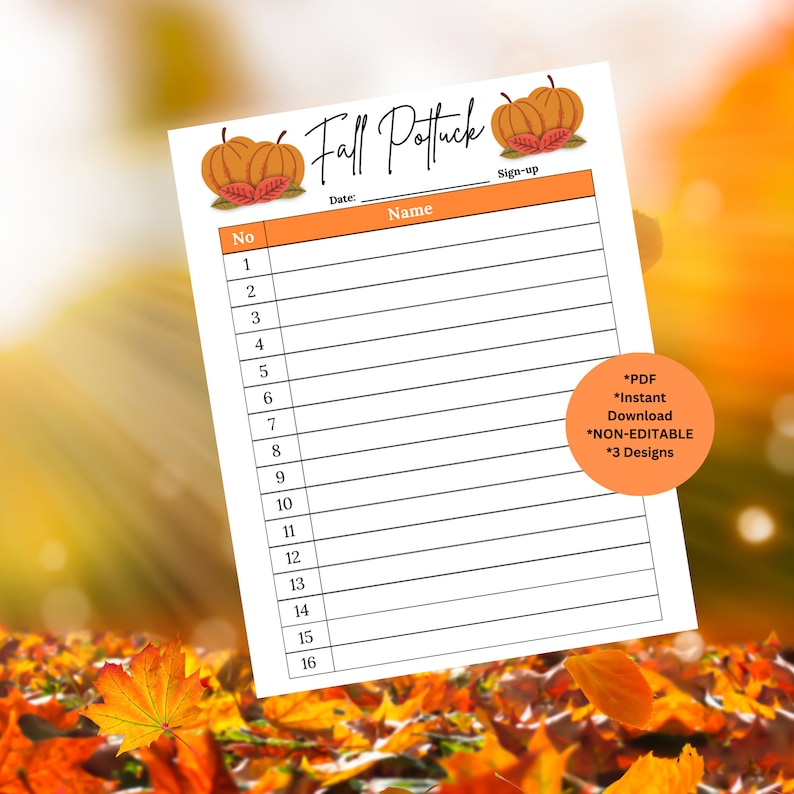 Potluck Sign up Sheet | Fall Potluck Sign up Sheet | Thanksgiving ...