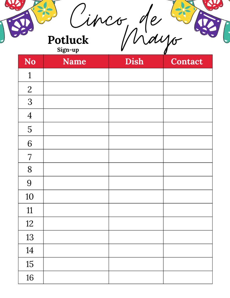 Potluck Sign up Sheet | Cinco De Mayo Potluck Sign up Sheet | Cinco De ...