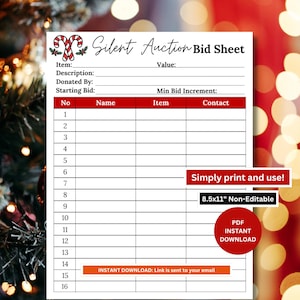 Puede incluir: Una hoja de puja para una subasta silenciosa blanca y roja con un tema navideño. La hoja incluye campos para descripciones de artículos, pujas iniciales e información de contacto. El texto en la hoja incluye "Simply print and use!" y "PDF Instant Download."