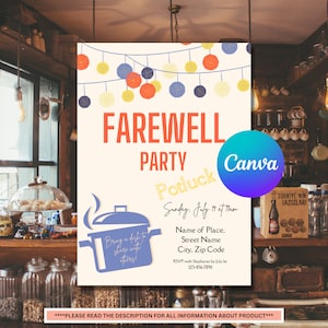Puede incluir: Una invitación imprimible a una fiesta de despedida con una olla azul y un texto superpuesto que dice "Farewell Party Potluck" y "Sunday, July 19 at 7pm". La invitación tiene un fondo colorido con pompones y el texto "Canva" en un círculo azul y morado.