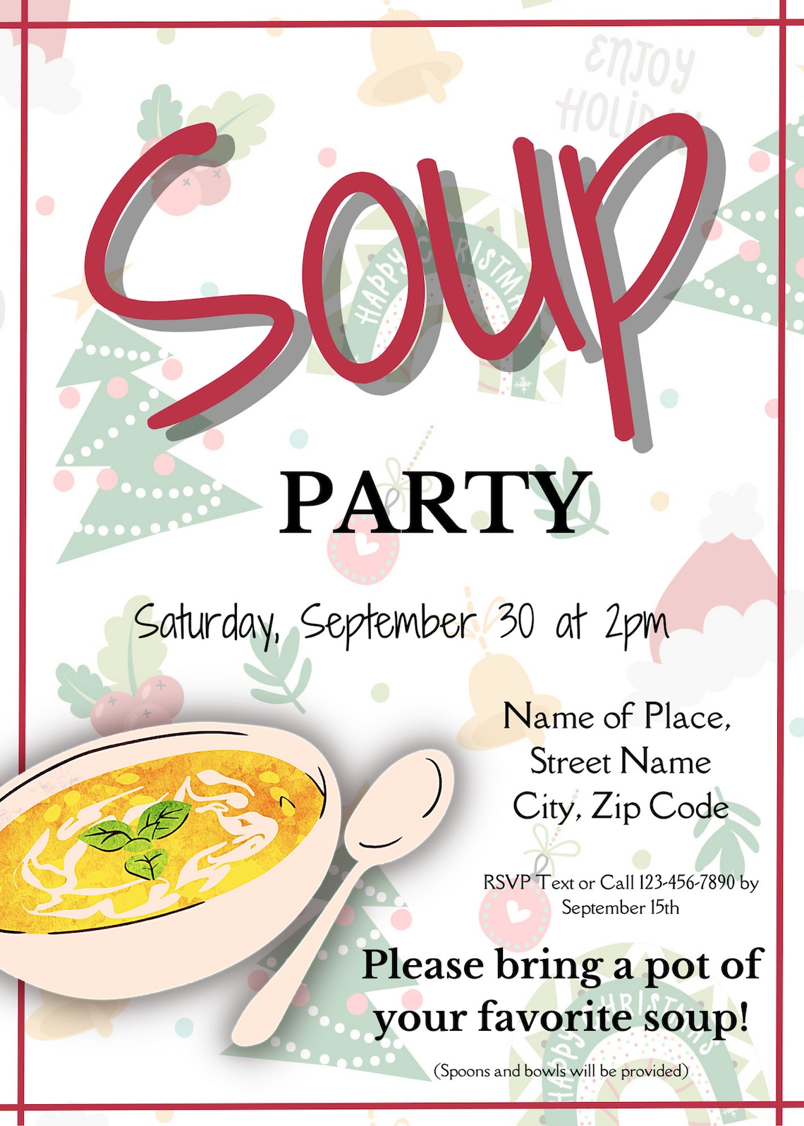 Christmas Soup Party Invite Template Editable Soup Party Soup Invite