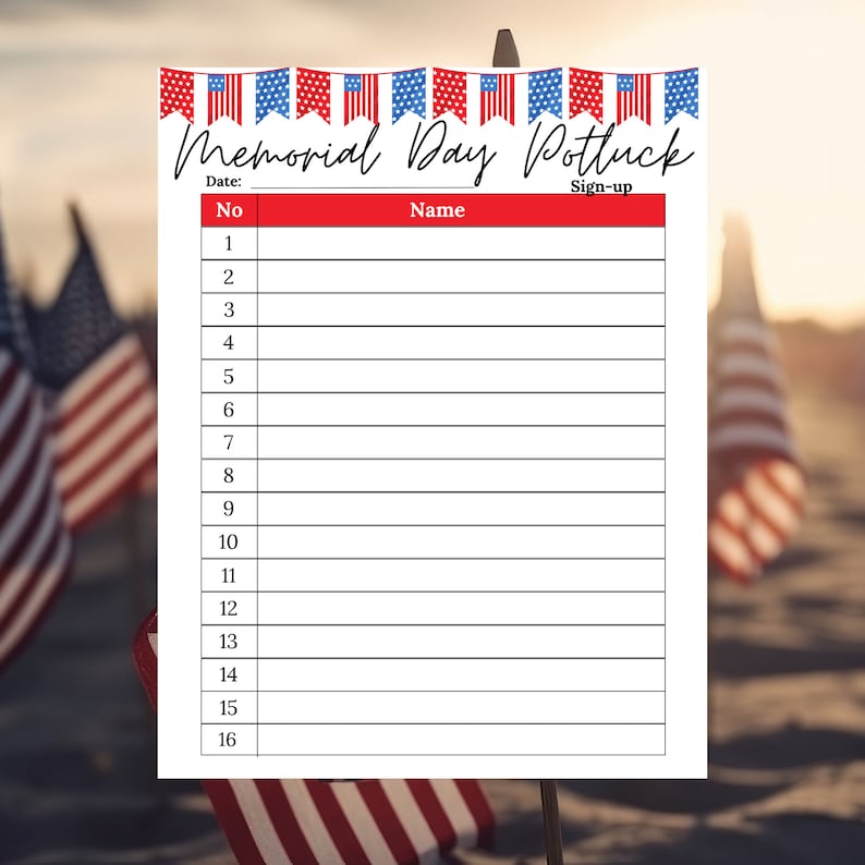 Memorial Day Potluck Sign up Sheet Holiday Potluck Sheet - Etsy