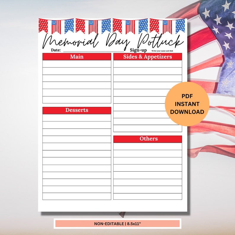 Memorial Day Potluck Sign up Sheet | Holiday Potluck Sheet | Potluck