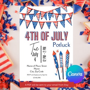 Puede incluir: Una invitación a un potluck del 4 de julio con estrellas y rayas rojas, blancas y azules. La invitación dice "4th of July Potluck" con la fecha y la hora "Tue July 4 12 PM - 2 PM". La invitación también incluye un lugar para completar el nombre del lugar, la calle, el nombre, la ciudad y el código postal. La invitación también incluye un lugar para RSVP con Stephanie antes del 1 de abril y un número de teléfono. La invitación también incluye un gráfico de fuegos artificiales.