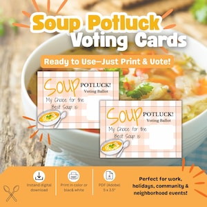 May include: Two rectangular soup potluck voting cards with a light peach and white checkered pattern. Each card features the text Soup Potluck! Voting Ballot, My Choice for the Best Soup is, and an illustration of a bowl of soup with a spoon.