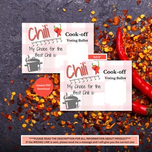 May include: Two printable chili cook-off voting ballots with a pink background and red chili peppers. The ballots are 5x3.5 inches and feature the text "Chili Cook-off Voting Ballot" and "My Choice for the Best Chili is:".