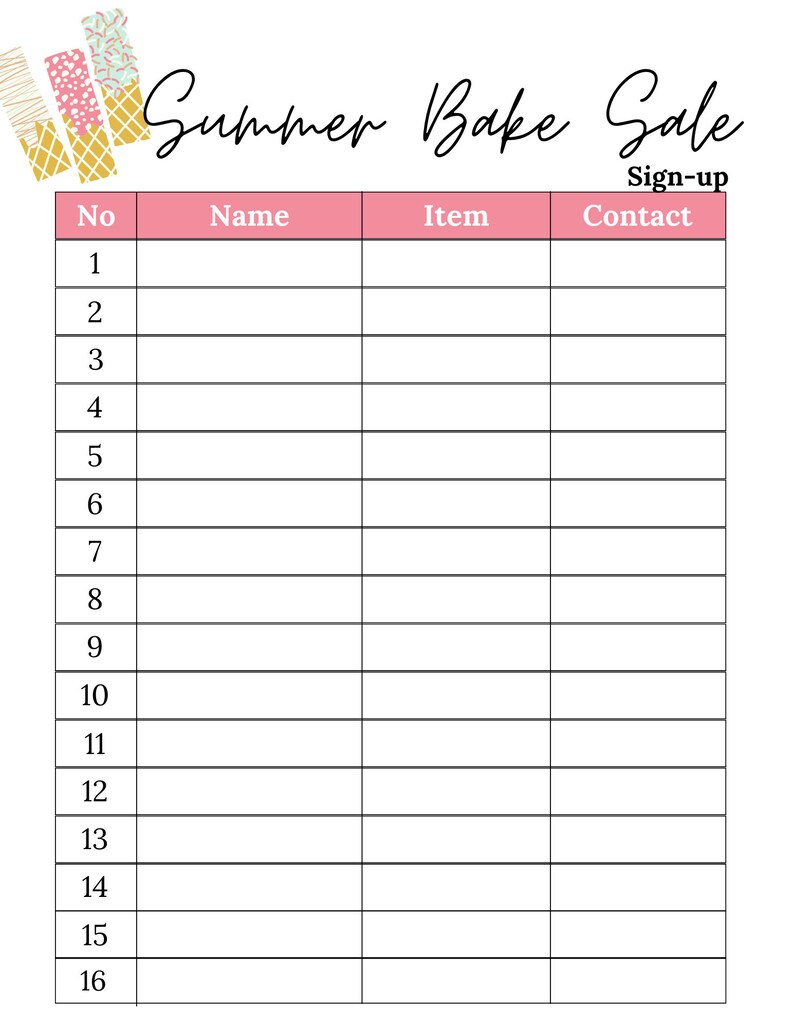 Summer Bake Sale Sign up Sheet Bake Sale Sheet Printable Bake Sale Sign
