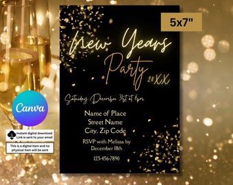 New Years Invitation Template | Happy New Year Invite | NYE Party Editable | Gold New Year Eve Party Invitation | 2025 New Years | 2025