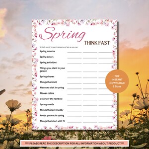 Think Fast Spring Game | Spring Printable Games | Spring Activities | Adult Party Games | Spring Party Games | Group Games | Family Games