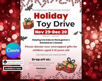 Peut inclure: Flyer festif pour une collecte de jouets des fêtes à l'école élémentaire Montgomery. Le design rouge et blanc présente des cannes en bonbon, des boîtes cadeaux et le texte « Holiday Toy Drive » et les détails des dons. La collecte est du 29 novembre au 20 décembre.