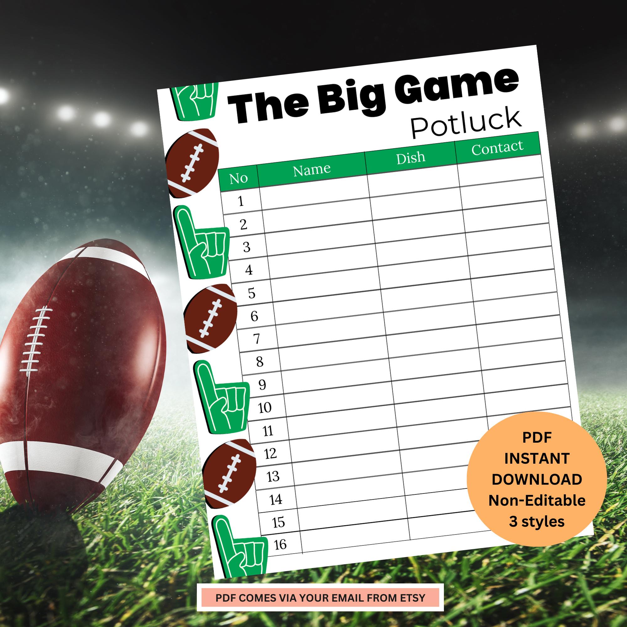Potluck Sign up Sheet | the Big Game Potluck Sign up Sheet | Football ...