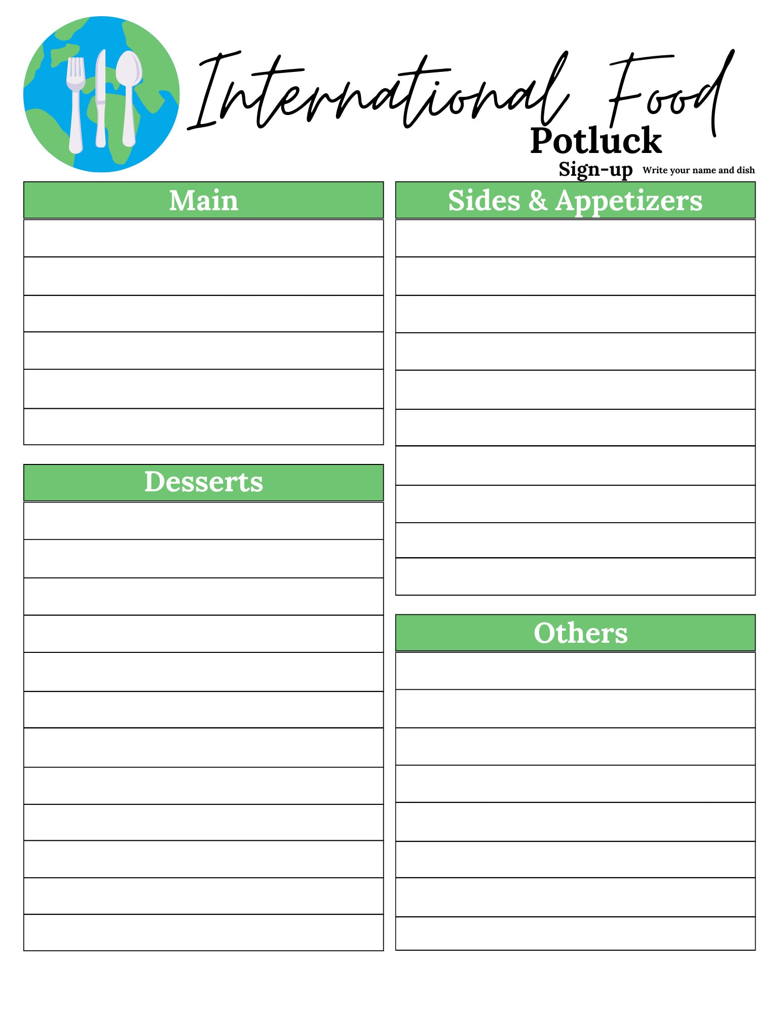 Potluck Sign up Sheet International Food Potluck Sign up Sheet World Food Potluck Sheet Potluck ...