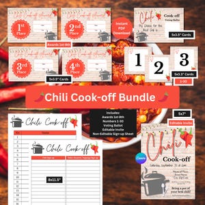 Chili Cookoff Party Bundle | Chili Ballot Card l  Chili Sign-up Sheet| soup Editable Invite l Chili Awards & Number Card