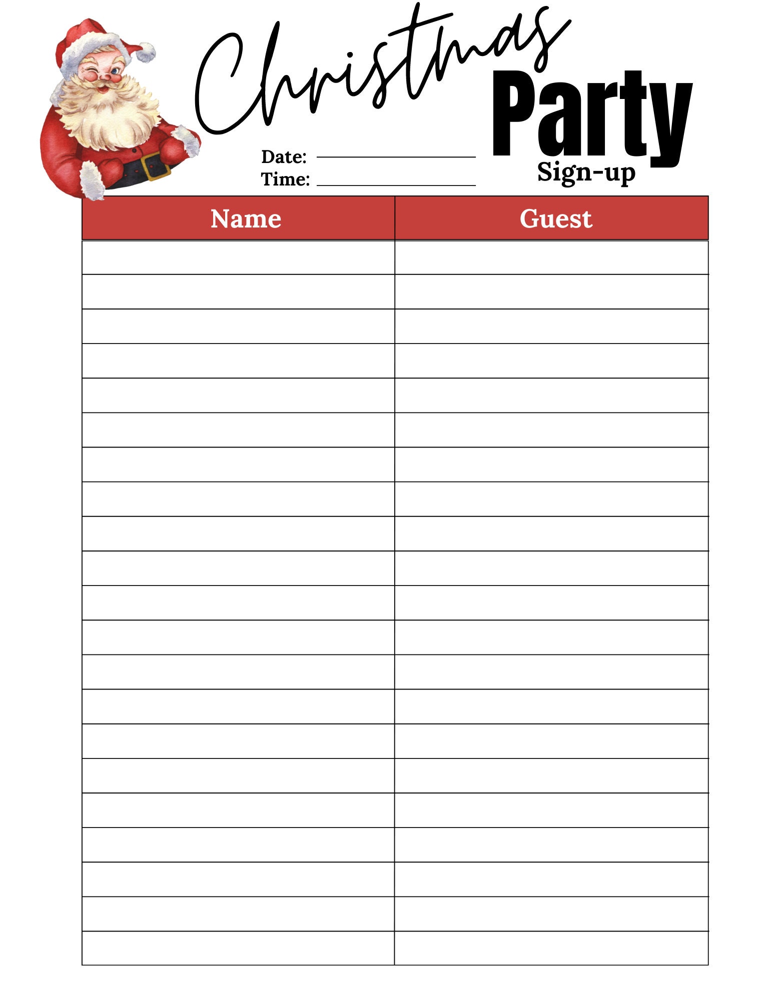 Christmas Party Sign Up Sheet Christmas Sign Up Party Sign Up Sheet Christmas Santa Sign Up