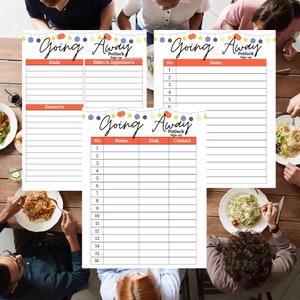 Puede incluir: Tres hojas imprimibles para registrarse en un potluck con el texto "Going Away Potluck Sign-up" en naranja y azul. Las hojas están divididas en secciones para platos principales, acompañamientos y aperitivos, postres y una lista de nombres, platos e información de contacto.