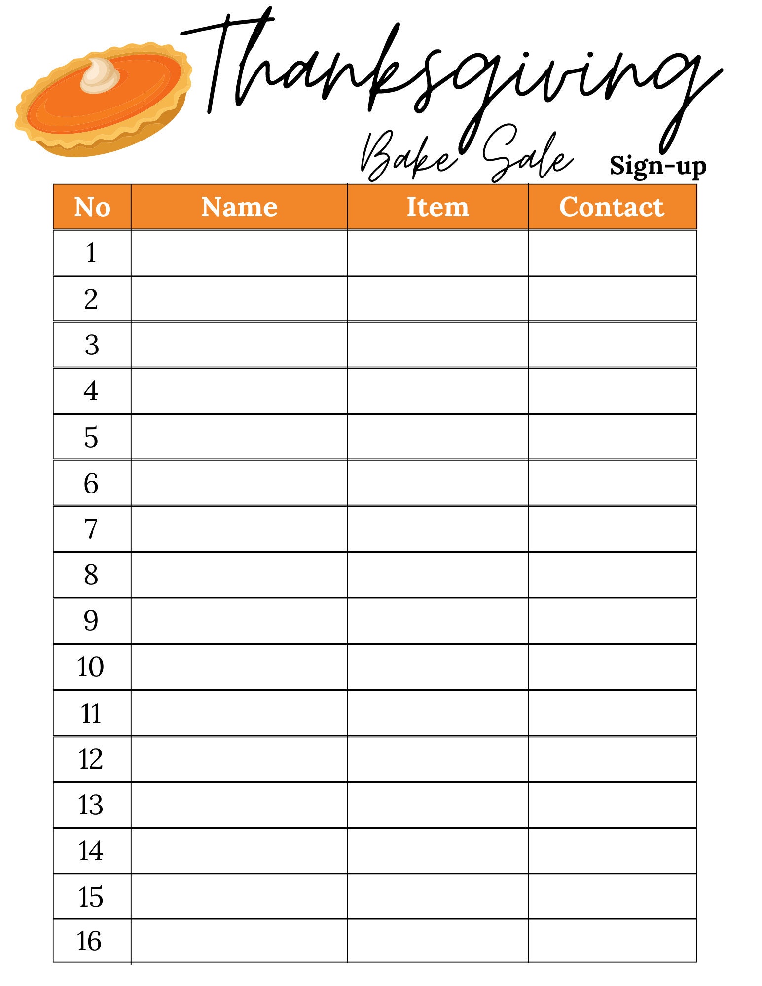 Thanksgiving Bake Sale Sign up Sheet | Bake Sale Sheet | Printable Bake ...