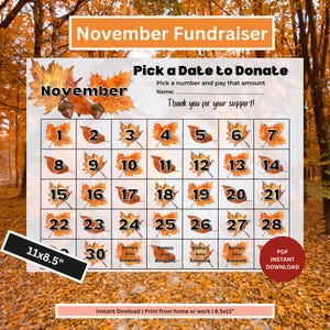 November Fundraiser Calendar | Pick a Date Fundraiser | Sports Fundraiser | School Calendar | Fundraising Calendar