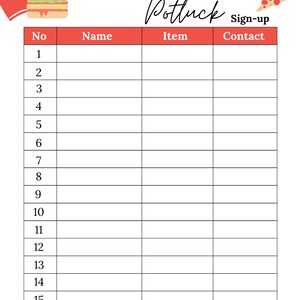 Potluck Sign up Sheet | School Fundraiser Potluck Sign up Sheet ...