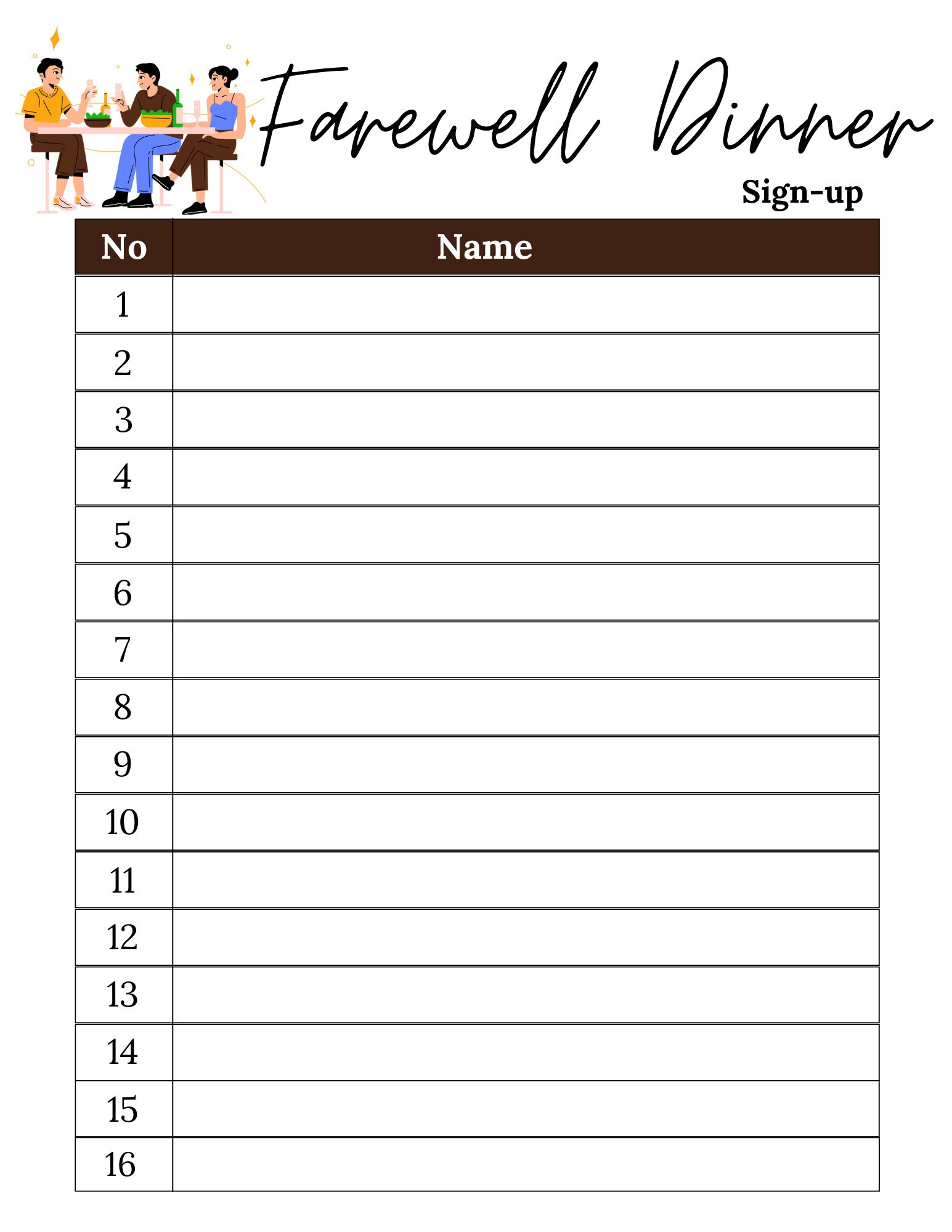 Farewell Dinner Sign up Sheet Farewell Dinner Sign up Sheet Potluck ...