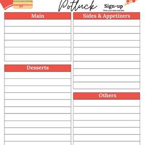 Potluck Sign up Sheet | School Fundraiser Potluck Sign up Sheet ...